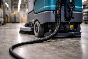 Portable industrial floor cleaning equipment using a heavy-duty power cable in a UK manufacturing environment
