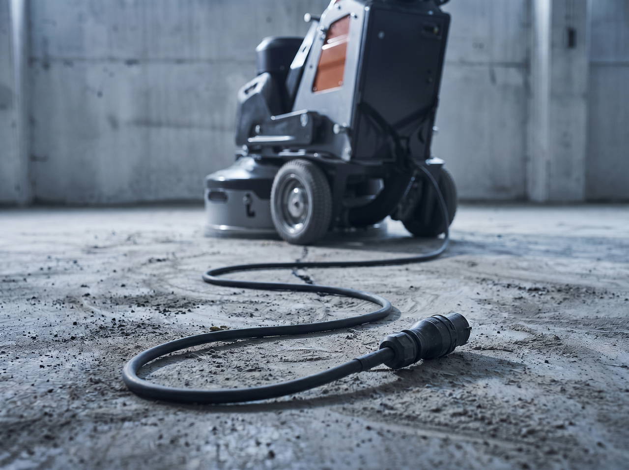 Heavy-duty rubber power cable trailing across a dusty concrete floor with an industrial floor grinding machine in the background