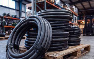 Coiled heavy-duty black rubber-jacketed industrial cable stacked on a wooden pallet in a warehouse, UK cable stockist